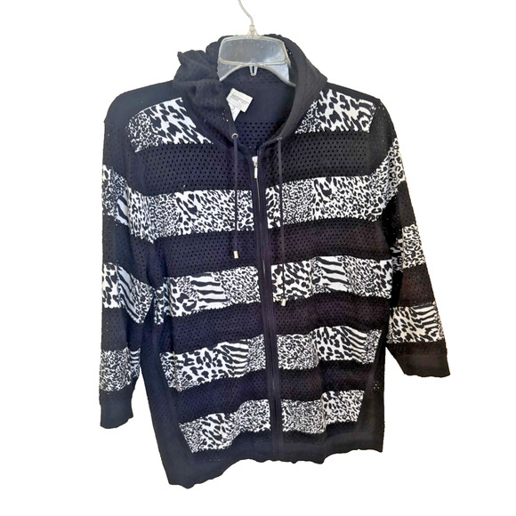 CHICO’S Zenergy Black/White Mesh Animal Print Hoodie Sweater Size 2 - Picture 1 of 7